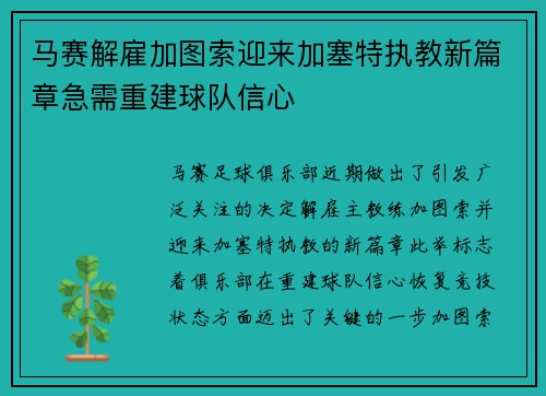 马赛解雇加图索迎来加塞特执教新篇章急需重建球队信心